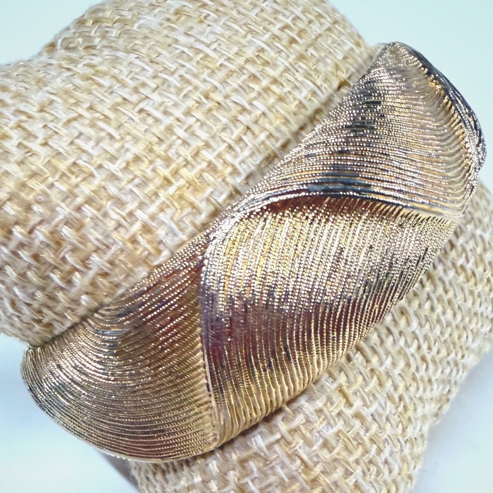 Monet Vintage Gold Tone Textured Wide Bangle Bracelet Statement Bypass Jewelry